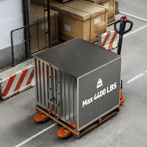 Heavy Duty Electric Pallet Jack With 4400 Lb Capacity And Lithium Battery transporting a metal container on wooden pallet.