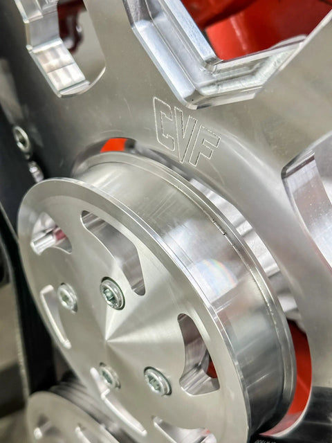 Close-up of CVF engraved aluminum pulley from Serpentine Pulley Conversion Kit With AC PS And Alternator For Small Block Chevy USA Made