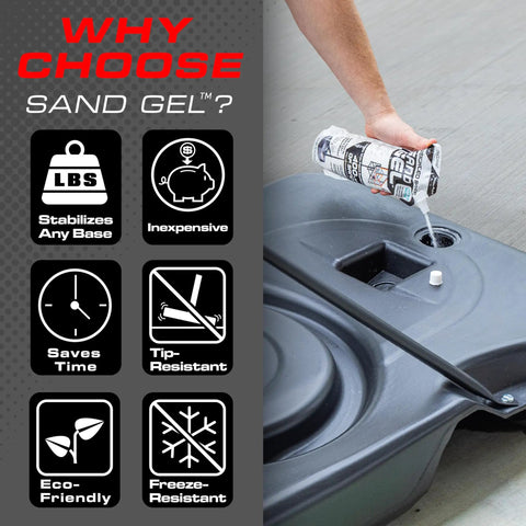 Person pouring Sand Gel Weighted Base Filler For Indoor And Outdoor Basketball Hoops And Umbrella Bases Just Add Water 16 oz into base