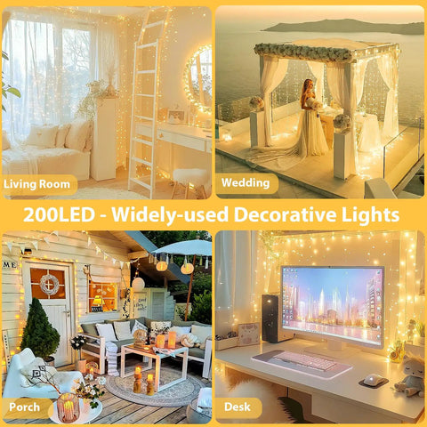 Connectable 200 LED String Lights Indoor Outdoor with Timer, 66ft Warm White Fairy Lights in Clear Wire decorating different settings