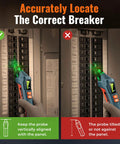 Plug And Play Circuit Breaker Finder With GFCI Outlet Tester showing correct and incorrect probe alignment on a breaker panel.