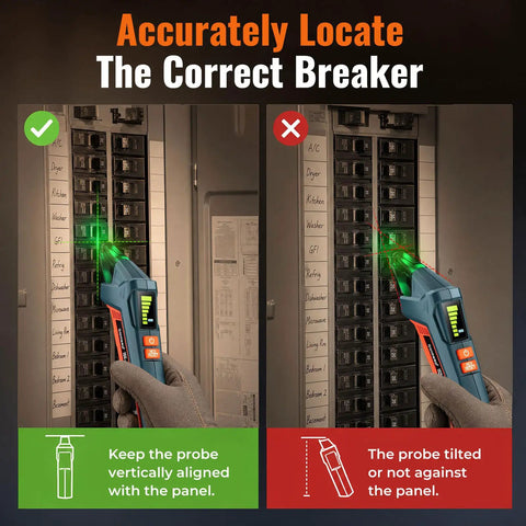Plug And Play Circuit Breaker Finder With GFCI Outlet Tester showing correct and incorrect probe alignment on a breaker panel.
