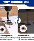 WORKPRO 3-Piece self-centering drill bit set with hex shank; front view showing bit centered in wood for cabinet install