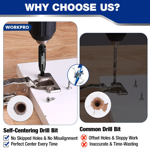WORKPRO 3-Piece self-centering drill bit set with hex shank; front view showing bit centered in wood for cabinet install