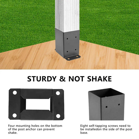 4x4 Post Base Bracket Set For Wood Posts 3.6x3.6 Inch Inner Size, showing installation on wood deck with metal base plate.