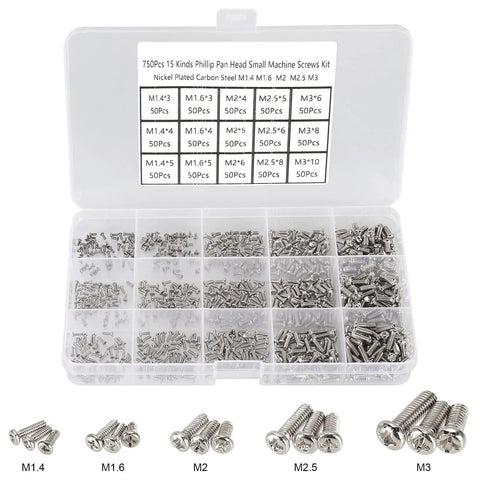 Massive 750 Piece Small Machine Screw Set M1.4 M1.6 M2 M2.5 M3 Phillips Pan Head Tiny Screws For Watch, Toy, And Electronics Repair Nickel Plated Carbon Steel Kit With 15 Sizes, 50 Pieces Each In Storage Bag, showing screws organized in a storage box.