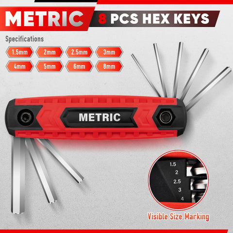 Two Pack Folding Hex Key Set 17 Piece Allen Wrenches With Metric And SAE Sizes for Bike Repair showing 8 metric keys extended.