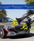 Badass 12V Dual Trumpet Air Horn Kit With Heavy Duty Compressor mounted on car hood, ABS and metal components for durability.