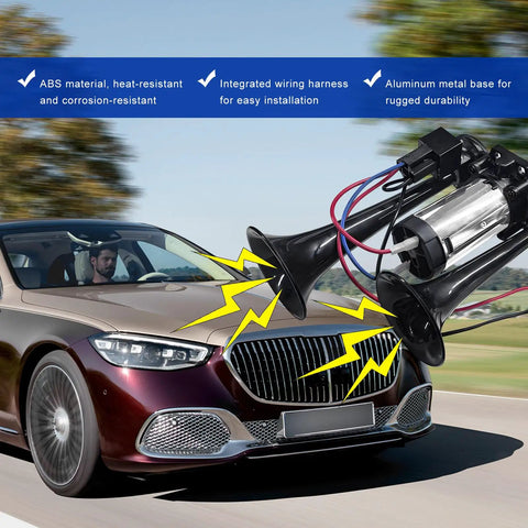 Badass 12V Dual Trumpet Air Horn Kit With Heavy Duty Compressor mounted on car hood, ABS and metal components for durability.