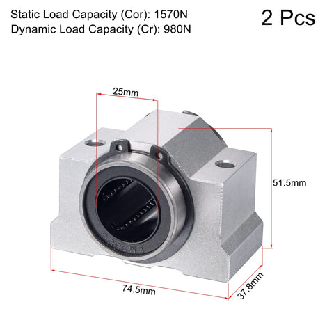 SCV25UU Linear Ball Bearing Slide Block Set, 25mm Bore, Dual Dust Seals, front view with dimensions and load capacity shown