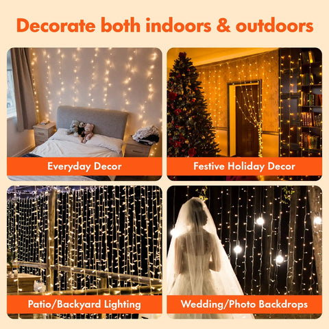 300 LED Curtain String Lights With 8 Modes Plug In Fairy Lights For Bedroom Wedding Party Birthday Indoor Outdoor Backdrop Decoration Warm White For Indoor Outdoor Living Spaces