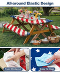Vintage American Flag Picnic Table Cover Set With Bench Covers, Waterproof 72 By 30 Inch Outdoor Tablecloth displayed outdoors