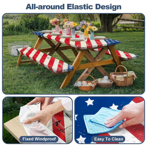 Vintage American Flag Picnic Table Cover Set With Bench Covers, Waterproof 72 By 30 Inch Outdoor Tablecloth displayed outdoors
