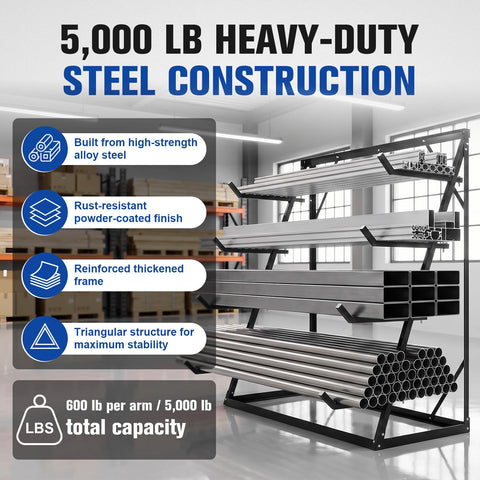 Heavy Duty 4 Tier Lumber Storage Rack With Adjustable Steel Frame And Tough As Nails Build That Takes Care Of Garage Clutter While Organizing PVC Pipe Boards And Heavy Gear, showcasing 5000 lb capacity and reinforced design.