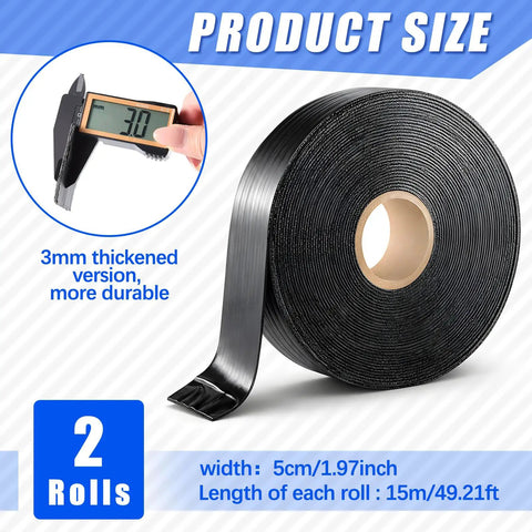 2 Rolls Asphalt Crack Filler Tape Peel And Stick Self Adhesive Driveway Repair Strip Waterproof 1.18 Inch Wide 50 Feet Long UV Resistant Heavy Duty Joint Patch For Tough Pavement, showing 3mm thick tape with size details.