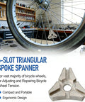 6-slot triangular spoke spanner in use on bicycle wheel, part of 2 Pack Bike Spoke Wrench Tool Set With 6 Slot Triangular Ergonomic Design For Quick Wheel Truing And Repair Fits Most Bicycle Wheels Carbon Steel Durable Spoke Tension Adjuster For Easy Maintenance.