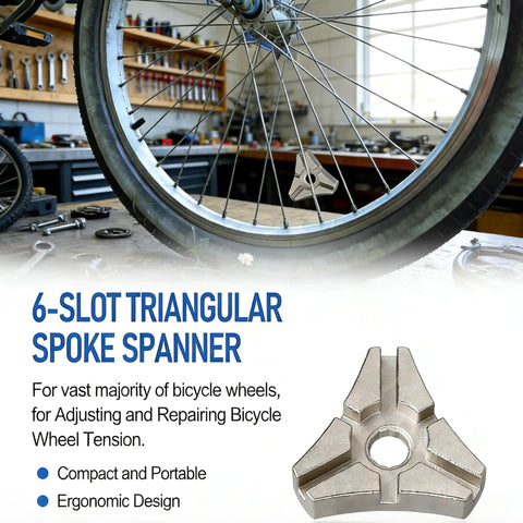6-slot triangular spoke spanner in use on bicycle wheel, part of 2 Pack Bike Spoke Wrench Tool Set With 6 Slot Triangular Ergonomic Design For Quick Wheel Truing And Repair Fits Most Bicycle Wheels Carbon Steel Durable Spoke Tension Adjuster For Easy Maintenance.