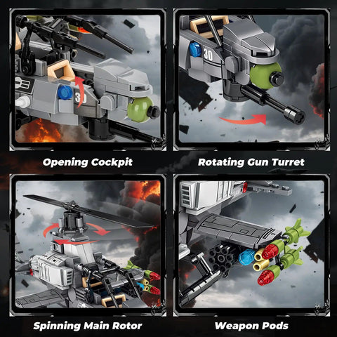 Cobra Attack Helicopter Building Block Set For Military Buffs And Builders, 512 Plus Pieces, close-up of features.
