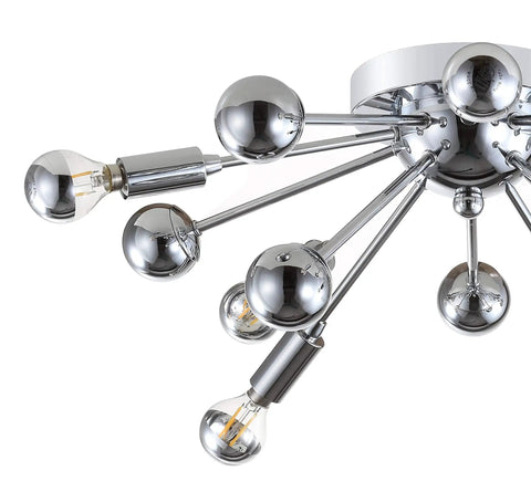Chrome 20 Inch 7 Light Sputnik Flush Mount Ceiling Light Fixture Dope Contemporary Mid Century Style For Living Room Or Bedroom UL Listed LED Bulbs Included Easy Upgrade close-up showing chrome finish and bulb arrangement.
