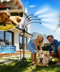 Portable Outdoor Patio Misting System With 15L Water Bucket cooling family and pet on patio, 5.3 Ft Adjustable Height Mister