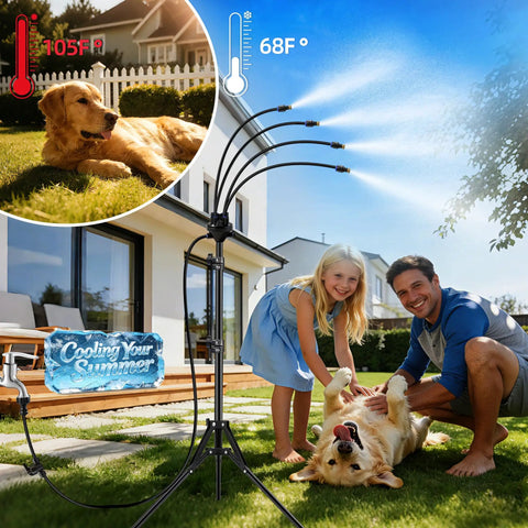 Portable Outdoor Patio Misting System With 15L Water Bucket cooling family and pet on patio, 5.3 Ft Adjustable Height Mister