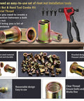 Rivet Nut Tool Kit 500-Piece Set With Manual Tool, colorful galvanized rivet nuts and hand tool, for DIY and industrial use.