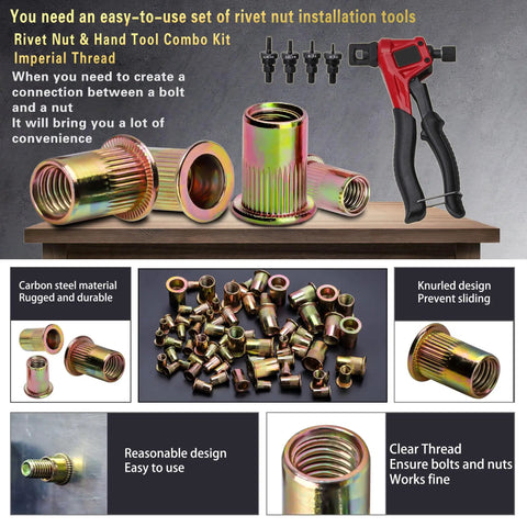 Rivet Nut Tool Kit 500-Piece Set With Manual Tool, colorful galvanized rivet nuts and hand tool, for DIY and industrial use.