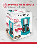 Packaging of 5 Cup Drip Coffee Maker In Teal, Compact Brew Boss for Home Office or Dorm, auto pause and serve features.