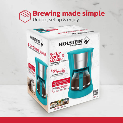 Packaging of 5 Cup Drip Coffee Maker In Teal, Compact Brew Boss for Home Office or Dorm, auto pause and serve features.