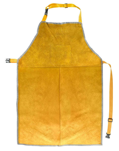 Heavy Duty Split Cowhide Leather Welding Apron With Adjustable Neck Strap And Flame Resistant Spatter Shield For Blacksmiths And Metal Workers Built Tough As Nails For Daily Grind, yellow apron with pocket.