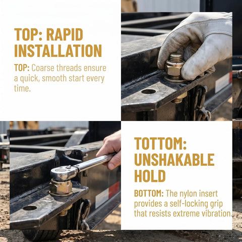 Hand securing Grab A Pack of Dope 10 Yellies Grade 8 Coarse Nylon Insert Lock Nuts Zinc Plated to construction gear.