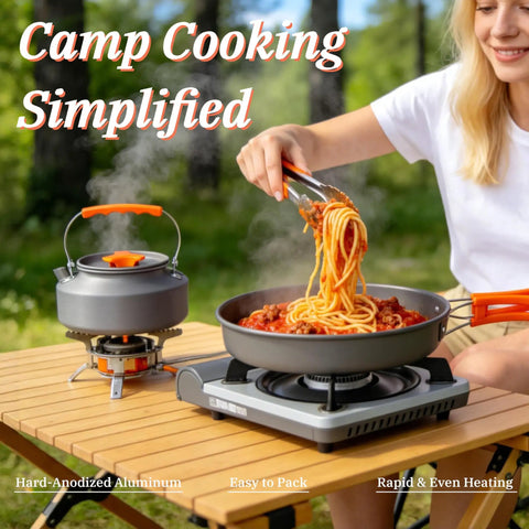 Collapsible Camping Cookware Set With Nonstick Pots, Pans, And Kettle For 2-4 People - Hard-Anodized Aluminum, cooking spaghetti outdoors
