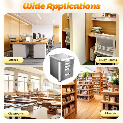 Absolute Game Changer 5 Drawer Metal Desk Organizer With Locks, Slim Desktop File Cabinet For Cable Sorting, shown in office, study room, classroom, and library.