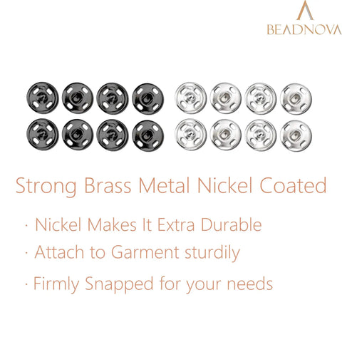 10mm Snap Buttons For Sewing Kit In Black And Nickel, 100 Sets, Durable Steel With Brass Nickel Coating, Sew On Snaps For Clothes.