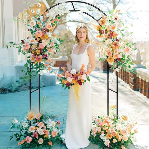 Bride posing under a Sturdy Garden Pergola Arch With No Fuss Base For Climbing Plants Four Point Six Feet Wide And Seven Point Nine Feet Tall