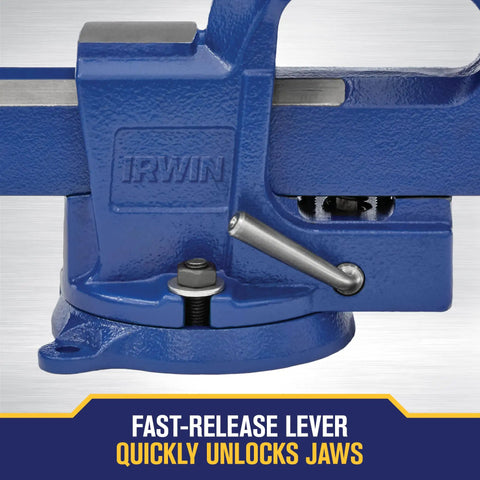 Bench Vise With Quick-Adjust And Fast-Release Jaw Lever For Smooth Locking And Quick Jaw Swaps, Heavy Duty Cast Gray Iron Body, Fused Steel Handle, Built To Tackle Large And Small Objects In Metalworking And Woodworking