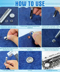 Tutorial image showing steps to use Durable Quarter Inch Grommet Kit With Tool Set Of 120 Metal Eyelets on fabric.