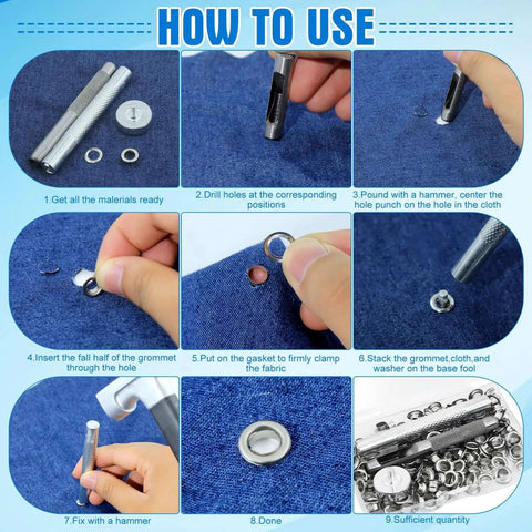 Tutorial image showing steps to use Durable Quarter Inch Grommet Kit With Tool Set Of 120 Metal Eyelets on fabric.