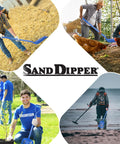 Sand Dipper Treasure Shovel Digger Sifter For Beach Cleanup And Barn Chores used in various outdoor settings.