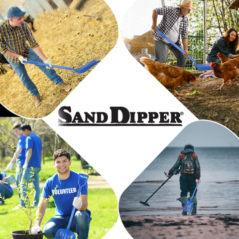 Sand Dipper Treasure Shovel Digger Sifter For Beach Cleanup And Barn Chores used in various outdoor settings.