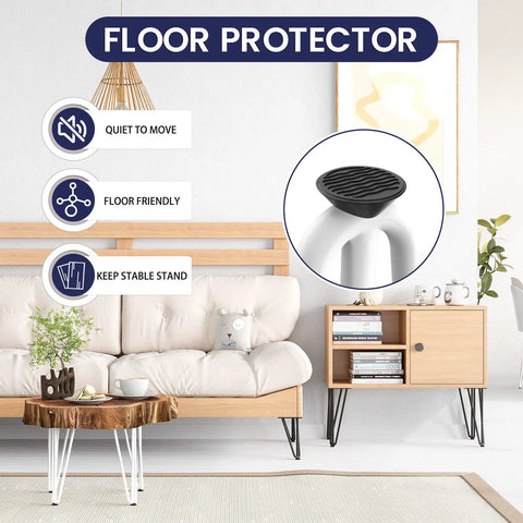 Floor protector feature of Heavy Duty 30 Inch Hairpin Table Leg Set In White, One Half Inch Steel Rods, 800 Lb Capacity, Mid Century Modern Style