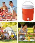 Portable Sports Drink Dispenser With Heavy Insulation Keeps Backyard Faves Stay Frosty All Weekend And Sip Smooth At Tailgates While Hanging Out In Vibrant Orange, shown at outdoor picnic.