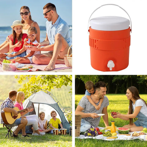 Portable Sports Drink Dispenser With Heavy Insulation Keeps Backyard Faves Stay Frosty All Weekend And Sip Smooth At Tailgates While Hanging Out In Vibrant Orange, shown at outdoor picnic.