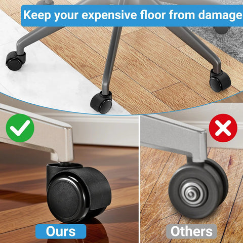 5-pack 2-inch black rubber swivel chair casters for all floors; heavy-duty, quiet, shown installed on metal chair legs