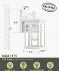 Dusk To Dawn Outdoor Wall Light 2 Pack Dope Exterior Sconce with clear glass shade in glossy white, showing dimensions and bulb type.