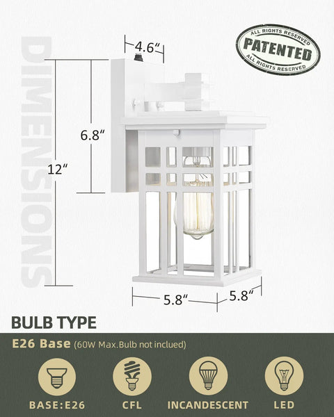 Dusk To Dawn Outdoor Wall Light 2 Pack Dope Exterior Sconce with clear glass shade in glossy white, showing dimensions and bulb type.