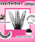 Lash Extension Kit With 280 Mink Like Cluster Lashes D Curl Volume 9 To 16 Mm 40D 50D Includes 3 Lash Brushes Thin Band Newbie Friendly No Glue Needed Natural Lightweight Look with close-up of 280 pieces, D curl, handmade, soft thin cotton band.