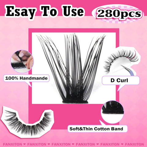 Lash Extension Kit With 280 Mink Like Cluster Lashes D Curl Volume 9 To 16 Mm 40D 50D Includes 3 Lash Brushes Thin Band Newbie Friendly No Glue Needed Natural Lightweight Look with close-up of 280 pieces, D curl, handmade, soft thin cotton band.