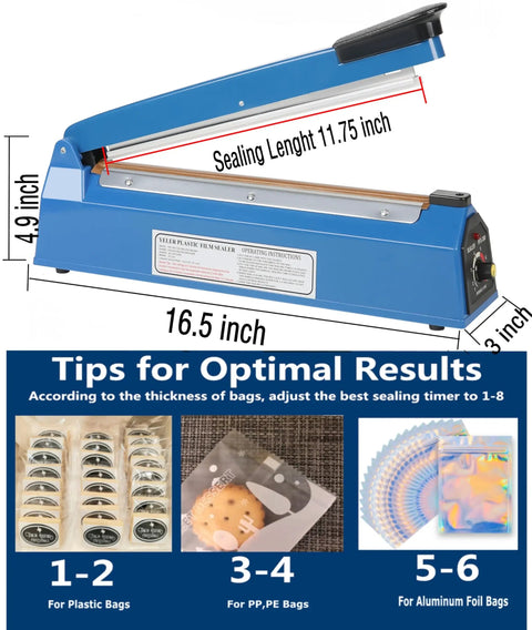 12 Inch Tabletop Impulse Heat Sealer For Plastic Bags Manual Bag Sealer With No Warmup Time And Adjustable Temperature