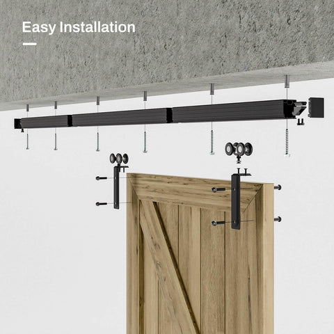 Heavy Duty Ceiling Mount Barn Door Hardware Kit For Single Door With Aluminum Alloy Track And Ceiling Brackets shown installed